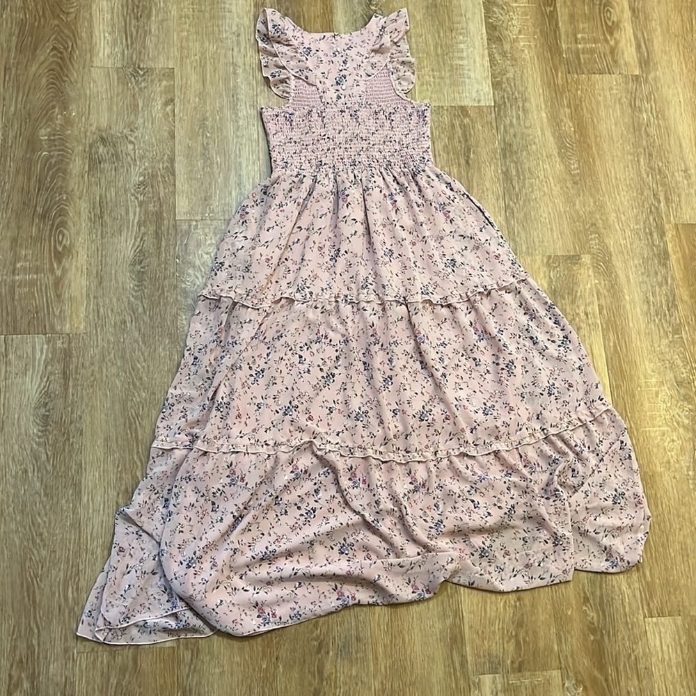 Melloday Rose Pink Floral Maxi Dress Smocked Tiered Lined Size Large L EUC - Picture 10 of 16